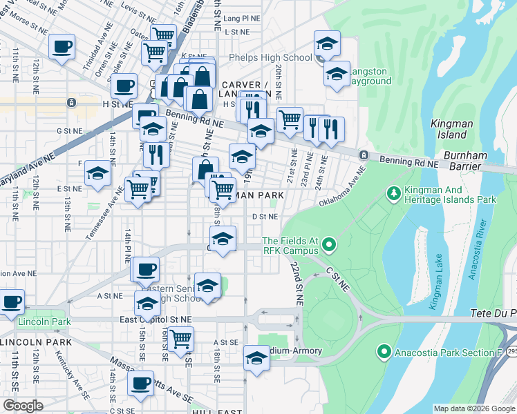 map of restaurants, bars, coffee shops, grocery stores, and more near 101 Independence Avenue Southeast in Washington