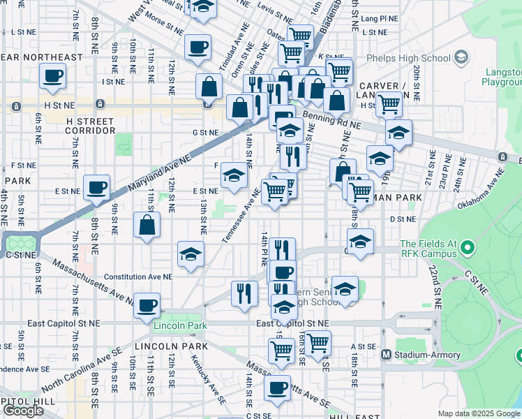 map of restaurants, bars, coffee shops, grocery stores, and more near 1421 Duncan Street Northeast in Washington