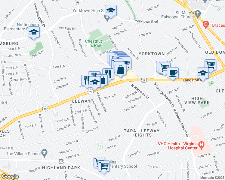 map of restaurants, bars, coffee shops, grocery stores, and more near 5560 Langston Boulevard in Arlington