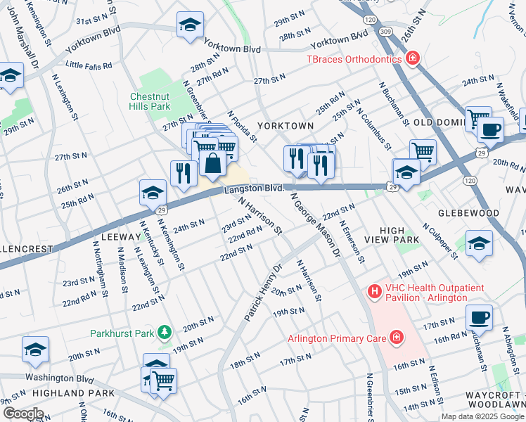 map of restaurants, bars, coffee shops, grocery stores, and more near 2227 North Harrison Street in Arlington