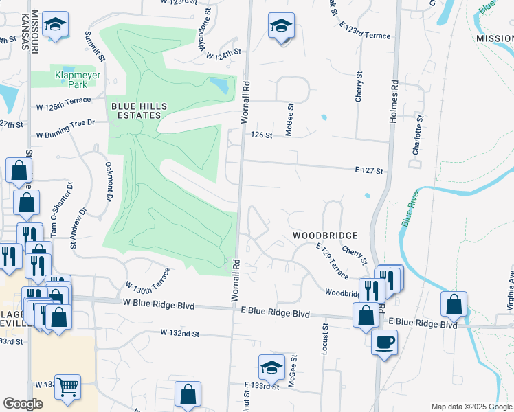 map of restaurants, bars, coffee shops, grocery stores, and more near 12 Woodbridge Lane in Kansas City