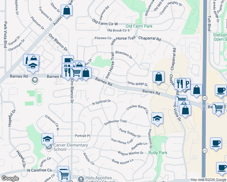 map of restaurants, bars, coffee shops, grocery stores, and more near 5107 Rainbow Harbour Circle in Colorado Springs