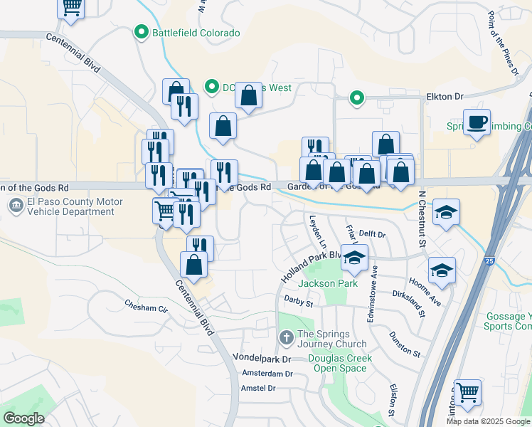 map of restaurants, bars, coffee shops, grocery stores, and more near 4430 Forrest Hill Road in Colorado Springs