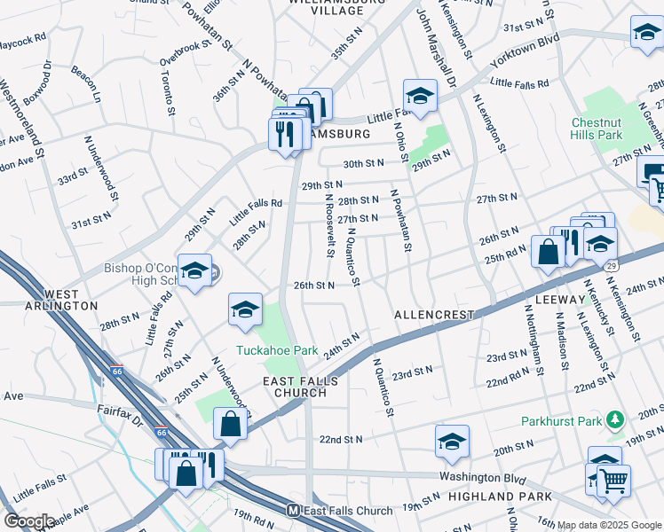 map of restaurants, bars, coffee shops, grocery stores, and more near 2615 North Roosevelt Street in Arlington