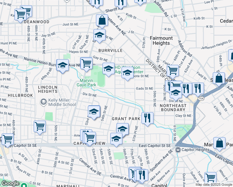 map of restaurants, bars, coffee shops, grocery stores, and more near 417 55th Street Northeast in Washington