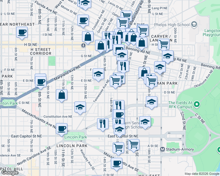 map of restaurants, bars, coffee shops, grocery stores, and more near 101 Independence Avenue Southeast in Washington