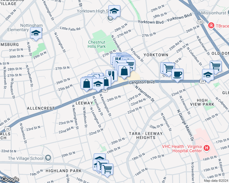 map of restaurants, bars, coffee shops, grocery stores, and more near 5558 Lee Highway in Arlington
