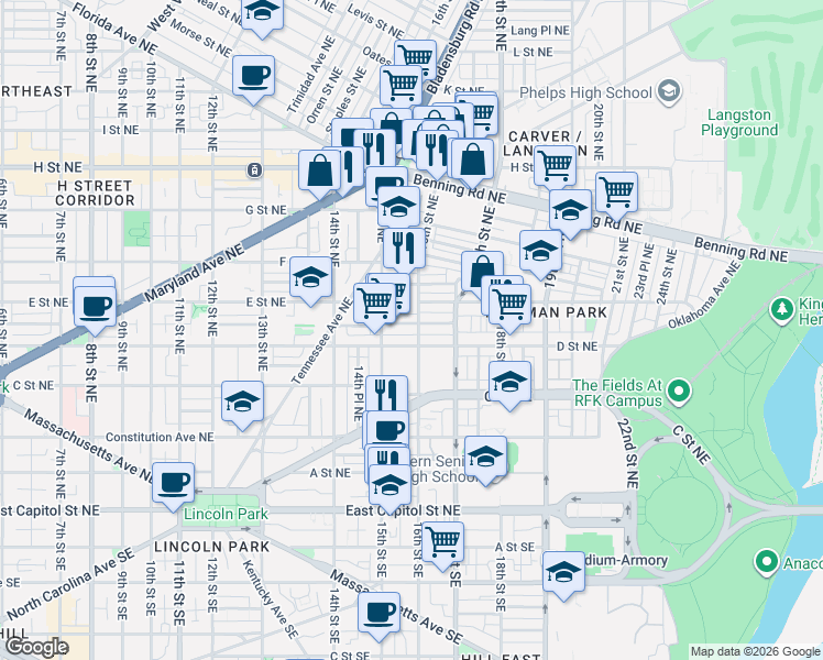 map of restaurants, bars, coffee shops, grocery stores, and more near 101 Independence Avenue Southeast in Washington