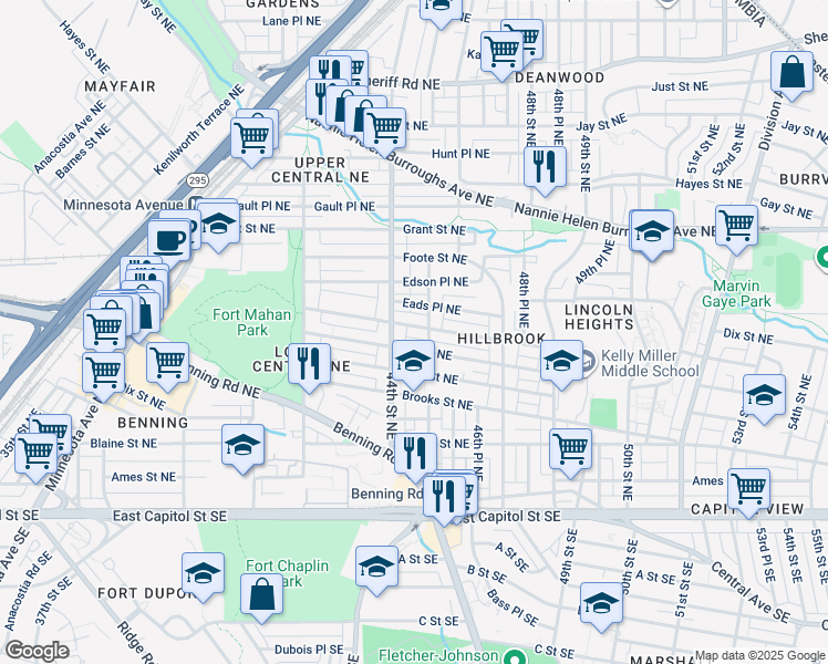 map of restaurants, bars, coffee shops, grocery stores, and more near 4407 Eads Street Northeast in Washington
