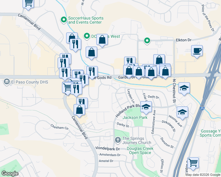 map of restaurants, bars, coffee shops, grocery stores, and more near 4430 Forrest Hill Road in Colorado Springs