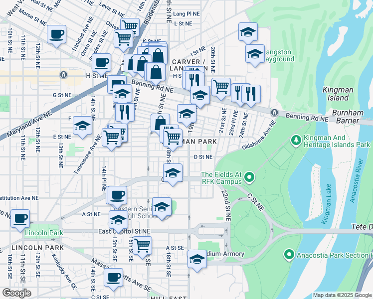 map of restaurants, bars, coffee shops, grocery stores, and more near 412 19th Street Northeast in Washington