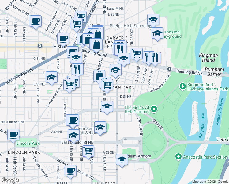 map of restaurants, bars, coffee shops, grocery stores, and more near 412 19th Street Northeast in Washington