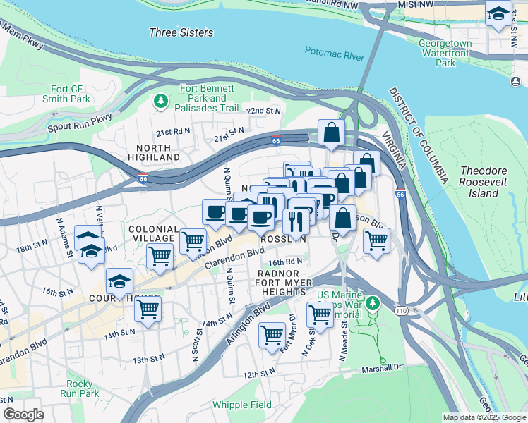 map of restaurants, bars, coffee shops, grocery stores, and more near 1781 North Pierce Street in Arlington