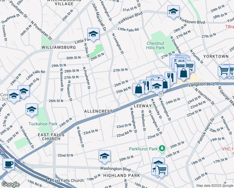 map of restaurants, bars, coffee shops, grocery stores, and more near 6018 25th Road North in Arlington