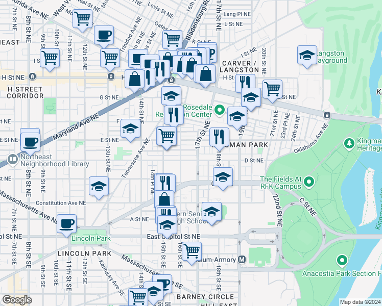 map of restaurants, bars, coffee shops, grocery stores, and more near 1613 Isherwood Street Northeast in Washington