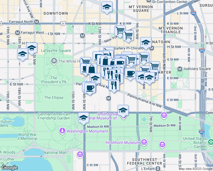 map of restaurants, bars, coffee shops, grocery stores, and more near 1198 Pennsylvania Avenue Northwest in Washington