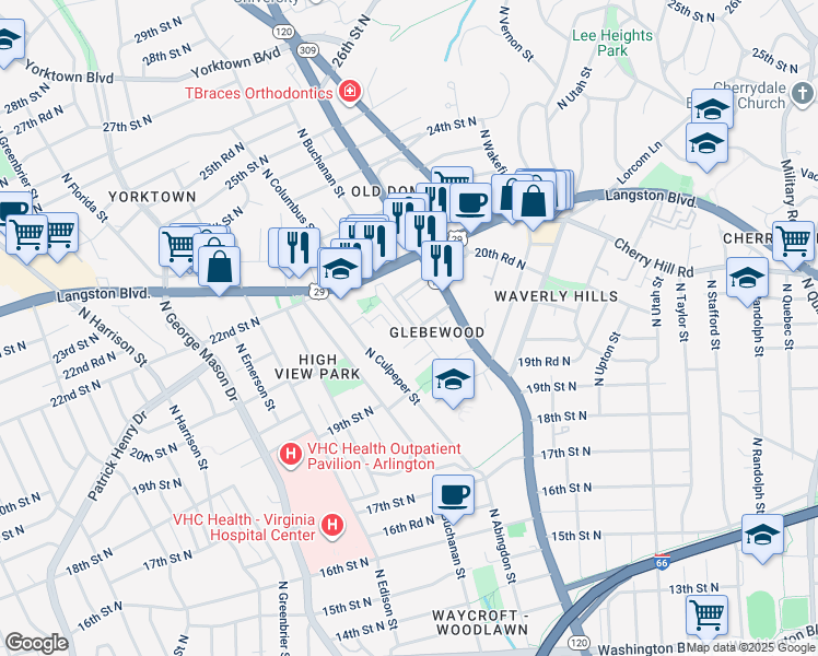 map of restaurants, bars, coffee shops, grocery stores, and more near 2110 North Brandywine Street in Arlington