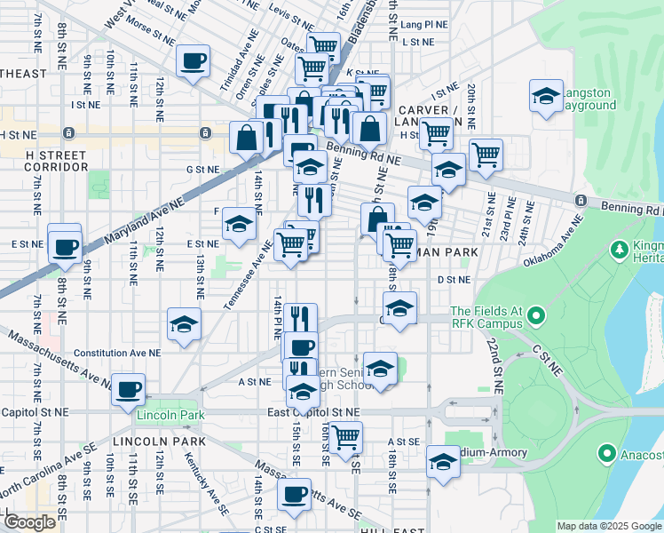 map of restaurants, bars, coffee shops, grocery stores, and more near 1603 Isherwood Street Northeast in Washington