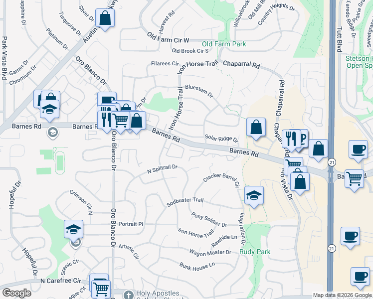 map of restaurants, bars, coffee shops, grocery stores, and more near 5110 Rainbow Harbour Circle in Colorado Springs