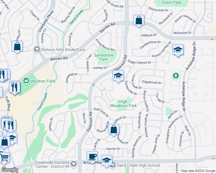 map of restaurants, bars, coffee shops, grocery stores, and more near 6924 Ash Creek Heights in Colorado Springs