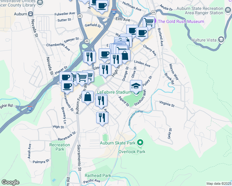 map of restaurants, bars, coffee shops, grocery stores, and more near 148 Agard Street in Auburn