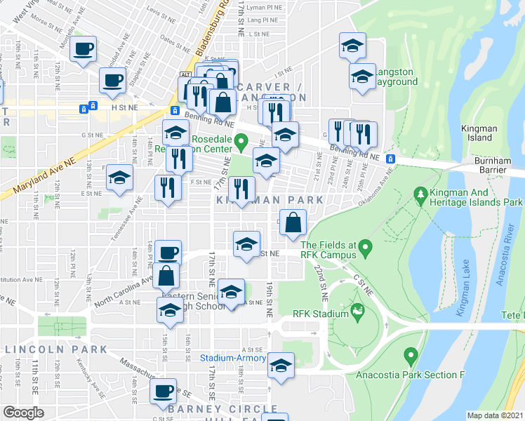map of restaurants, bars, coffee shops, grocery stores, and more near 101 Independence Avenue Southeast in Washington