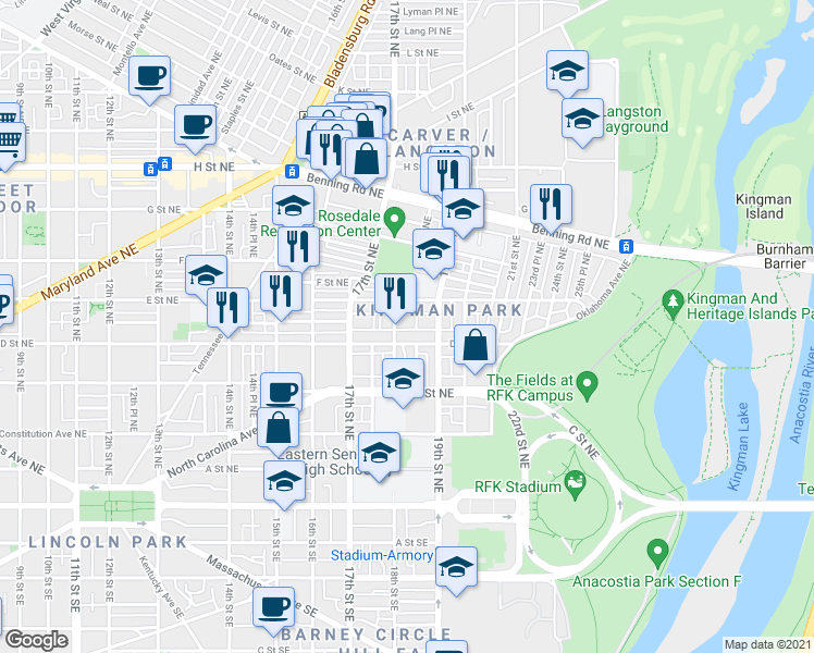 map of restaurants, bars, coffee shops, grocery stores, and more near 101 Independence Avenue Southeast in Washington