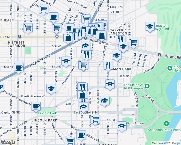 map of restaurants, bars, coffee shops, grocery stores, and more near 101 Independence Avenue Southeast in Washington