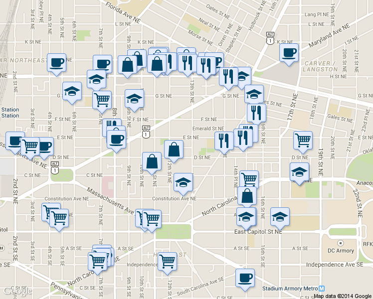 map of restaurants, bars, coffee shops, grocery stores, and more near 101 Independence Avenue Southeast in Washington