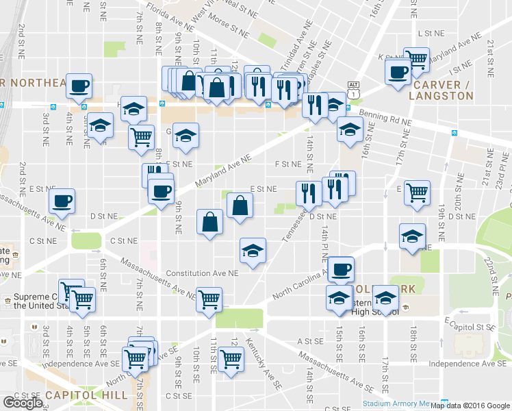 map of restaurants, bars, coffee shops, grocery stores, and more near 101 Independence Avenue Southeast in Washington