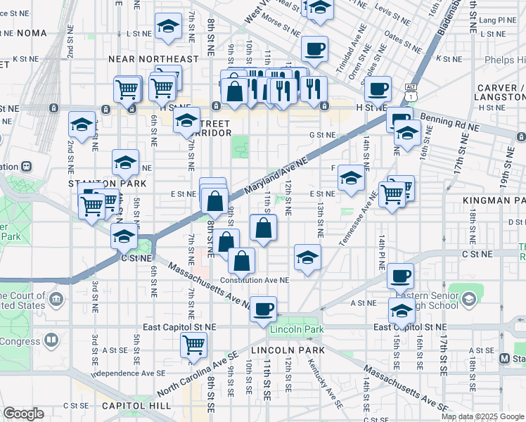 map of restaurants, bars, coffee shops, grocery stores, and more near 101 Independence Avenue Southeast in Washington