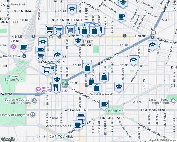 map of restaurants, bars, coffee shops, grocery stores, and more near 101 Independence Avenue Southeast in Washington