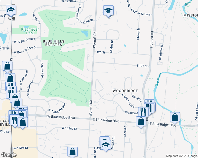 map of restaurants, bars, coffee shops, grocery stores, and more near 12 Woodbridge Lane in Kansas City