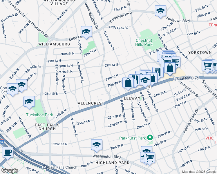 map of restaurants, bars, coffee shops, grocery stores, and more near 6018 25th Road North in Arlington