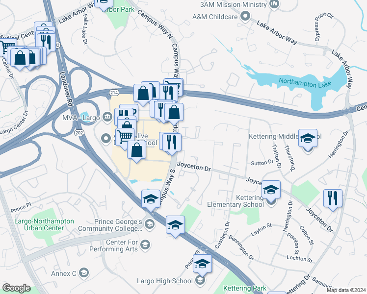 map of restaurants, bars, coffee shops, grocery stores, and more near 10528 Joyceton Drive in Upper Marlboro