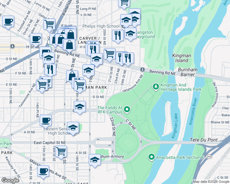 map of restaurants, bars, coffee shops, grocery stores, and more near 101 Independence Avenue Southeast in Washington