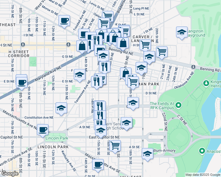map of restaurants, bars, coffee shops, grocery stores, and more near 1603 Isherwood Street Northeast in Washington
