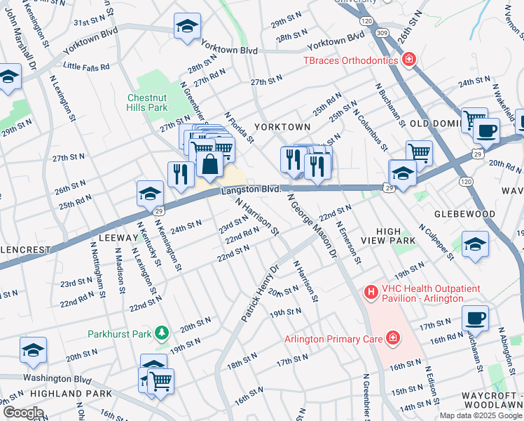 map of restaurants, bars, coffee shops, grocery stores, and more near 2227 North Harrison Street in Arlington