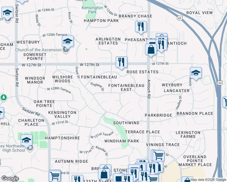 map of restaurants, bars, coffee shops, grocery stores, and more near 12741 Grandview Street in Overland Park