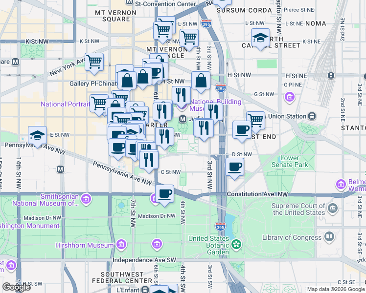 map of restaurants, bars, coffee shops, grocery stores, and more near 430 E Street Northwest in Washington