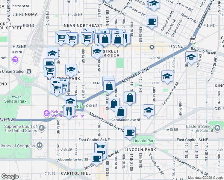 map of restaurants, bars, coffee shops, grocery stores, and more near 101 Independence Avenue Southeast in Washington
