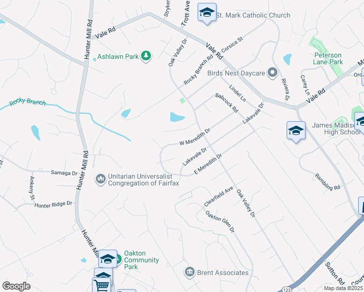 map of restaurants, bars, coffee shops, grocery stores, and more near 2529 West Meredith Drive in Vienna