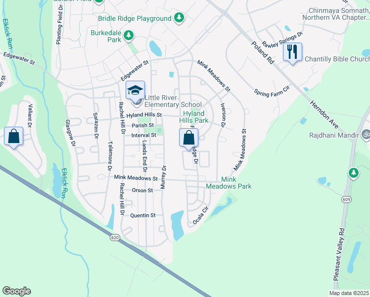 map of restaurants, bars, coffee shops, grocery stores, and more near 26071 Nimbleton Square in Chantilly