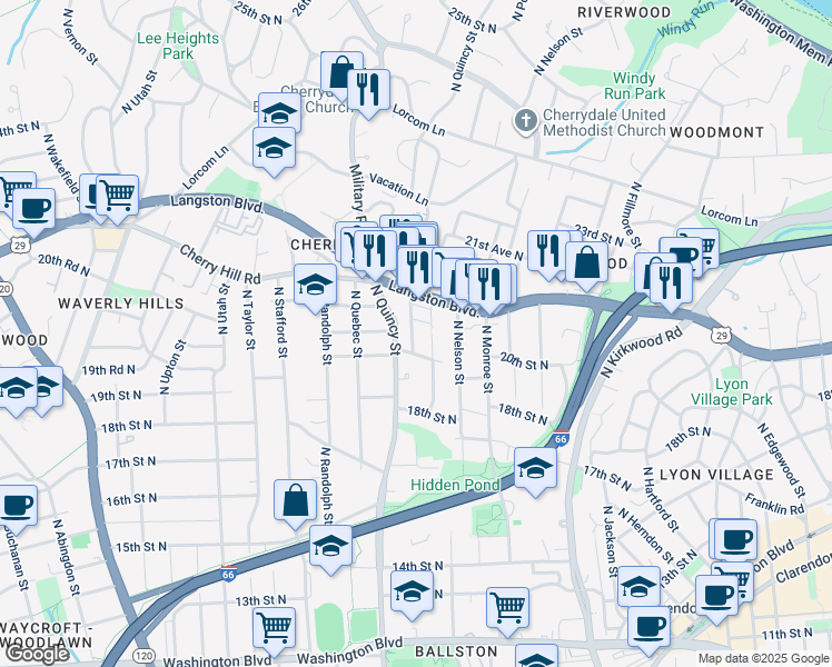 map of restaurants, bars, coffee shops, grocery stores, and more near 2015 North Pollard Street in Arlington