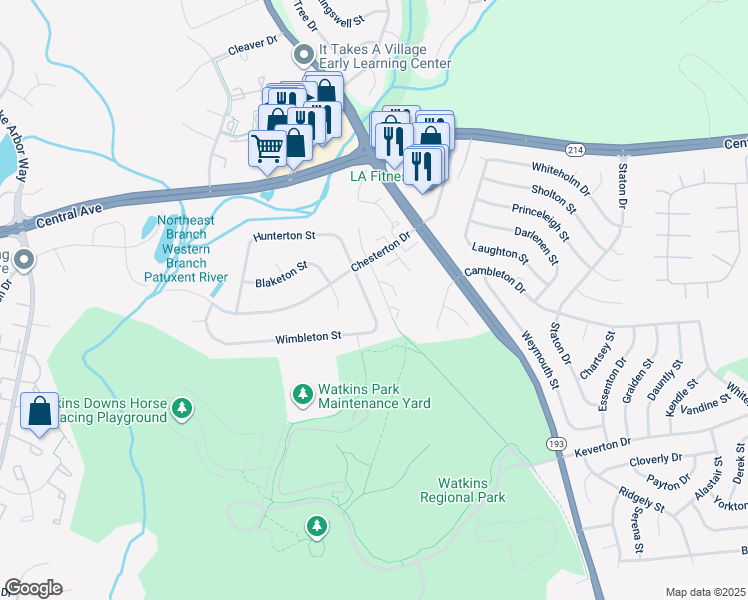 map of restaurants, bars, coffee shops, grocery stores, and more near 12215 Wimbleton Street in Upper Marlboro