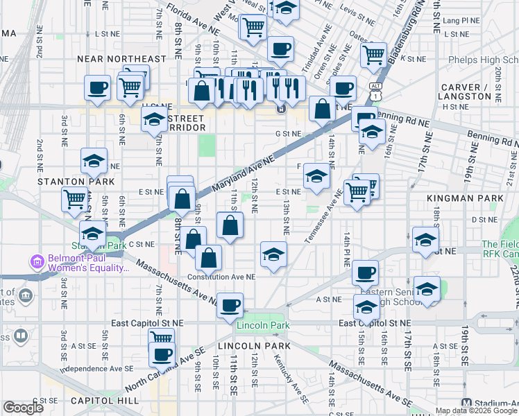 map of restaurants, bars, coffee shops, grocery stores, and more near 101 Independence Avenue Southeast in Washington