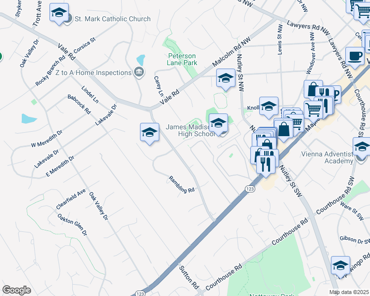 map of restaurants, bars, coffee shops, grocery stores, and more near 9733 Sunrise Road in Vienna