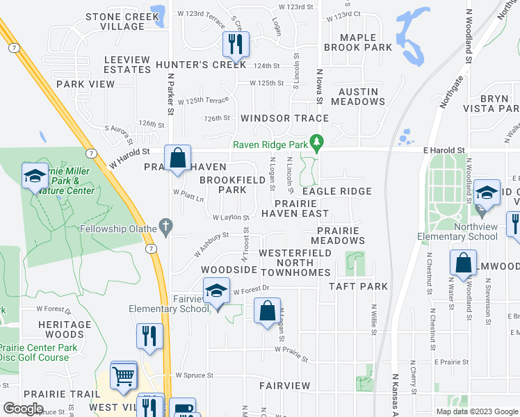 map of restaurants, bars, coffee shops, grocery stores, and more near 1006 North Clinton Street in Olathe