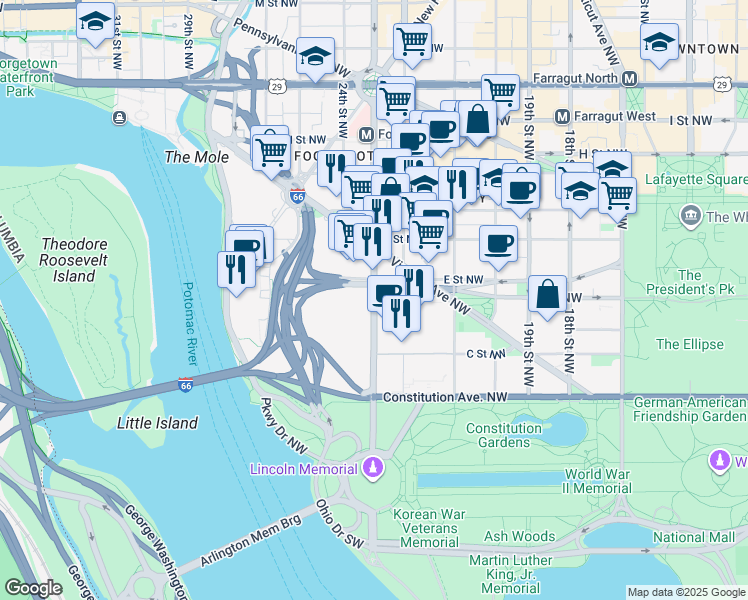 map of restaurants, bars, coffee shops, grocery stores, and more near in Washington