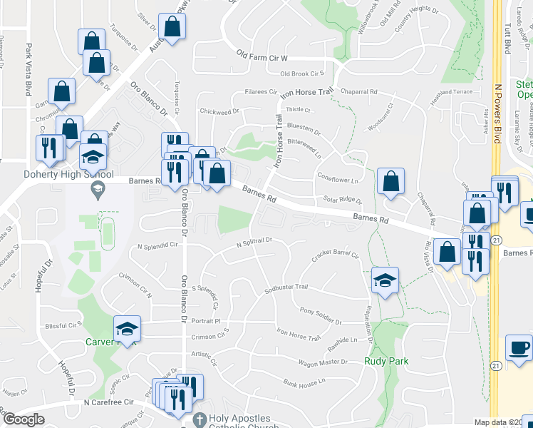 map of restaurants, bars, coffee shops, grocery stores, and more near 5151 Rainbow Harbour Circle in Colorado Springs